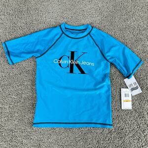 Calvin Klein Rash Guard Boys 7 Blue Black Logo Swim Shirt Bathing Suit Kids *